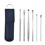 Dapei 6-in-1 Ohrenschmalz Entfernung Bausatz für Kinder Erwachsene, Wiederverwendbar Tragbar Frühling Ohrenreiniger Werkzeug mit PU-Ledertasche, für Zuhause und Reisen (Blau)