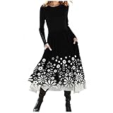 KIMODO Langarmkleid Freizeitkleider Minikleid Damendruck Rundhals Plissee Casual Loose Lässiges Swing mit Knielangen Taschenkleid Mode T-Shirt Kleider (C-Weiß, M)
