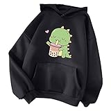 Niedlicher Dinosaurier-Kapuzenpullover für Damen, Kawaii, V-Ausschnitt, langärmelig, Sweatshirt für Teenager-Mädchen, Übergröße, lose, einfarbig, bequemer Pullover, Schwarz03, 36