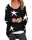 ZANZEA Damen Langarm Blumen Sweatshirt Asymmetrisch Jumper Pullover Oversize Tops schwarz X-Larg