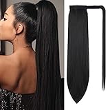 Pferdeschwanz Haarteil Extension Schwarz Lang Glatt Haarverlängerunge Verlängerung Kunsthaar Natürliches Ponytail Zopf Clip in Magic Paste Wrap Around Ponytail Hairpiece ca.60cm/24zoll 071