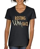 Comedy Shirts - Resting Witch face - Damen V-Neck T-Shirt - Schwarz/Hellbraun-Beige Gr. L