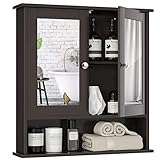 COSTWAY Spiegelschrank Badezimmer, Badschrank mit Spiegel, Badezimmerschrank mit höhenverstellbarer Ablage, Badezimmerspiegel, Hängeschrank Badmöbel, Badezimmerspiegelschrank 58,5x56,5x13,5cm (Braun)