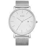 BUREI Stilvolle Minimalistische Ultra Slim Herren Uhr Weiß Datum Großes Gesicht Armbanduhr mit Edelstahlb