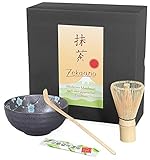 Matcha-Set 3-teilig, 250ml anthrazit/blau, gesprenkelt/Matcha Schale/Matcha Bambuslöffel/Matcha Bambusbesen, in Geschenkbox