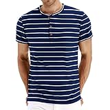 sutelang lurryly Herren Streifen Retro Henley T-Shirt ave Kurzarm Rundhalsausschnitt Muskel T-Shirt Knöpfe Mode Casual T-Shirt Atmungsaktiv Hemd, Marineblau, M
