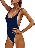 PRETTYGARDEN Women's Simple Low Cut Sides Wide Straps High Legs One-Piece Swimsuit Navy