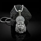 FLQWLL Native American Indian Tribal Chief Warrior Reines Zinn Anhänger Halskette Mit 65Cm Titanstahl Pulloverkette Herren Amulett Schmuck