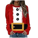 Briskorry Weihnachtspullover Damen Lustig Sweatshirt Teenager Mädchen Weihnachtspulli Rote Nase Santa Aufdruck Sweatshirts Xmas Pulli Top T-Shirts Bluse Lang