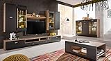 all4all Wohnwand Anbauwand Schrankwand Cleo2 Möbelset 280cm x 195cm x 46cm Graphit San Remo Matt Holzoptik Led Beleuchtung Kommode Set Couchtisch Laminatplatte Glass 10 (Wohnwand)