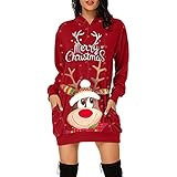 Alueeu Weihnachten Kleider Damen Hoodykleid Pullikleid Lang Oversize Pullover Kleider Hoodie Kleid Mini Pulli Kleider Sweatshirts Langarm Pulli Hoody mit Kapuze Kapuzenpulli Pullover Kleid mit Kap