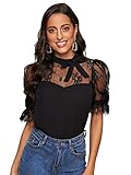 DIDK Damen T-Shirt Rüschen Bluse mit Spitzen Knoten Schleife Vorn Knöpfe Oberteile Taille Tops Modell #2 Schwarz XL