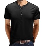COOFANIN Herren-T-Shirt, einfarbig, kurzärmelig, 1/4-Knopfleiste, Kragen, Frühling, Sommer, einfarbig, leger, Grandad-Polos, schmal, eng, leicht, atmungsaktiv, Basic-Multi-Blusen, Schwarz , M