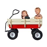 Bollerwagen klappbar Transportkarre Handwagen mit 4 Rollen, Außenwagen All Terrain Pulling Faltwagen mit/Holz Geländerluftreifen für Kid Garden (Rot+Weiß)