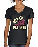 Comedy Shirts - Witch Please - Damen V-Neck T-Shirt - Schwarz/Beige-Fuchsia Gr. XXL