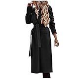 QUINTRA Damen Lang Trenchcoat Elegant Revers Langarm Wollmantel Einfarbig Winter Warm Mantel mit Gürtel (Schwarz, XXL)