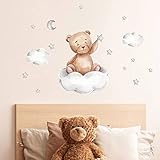 Deko Wandaufkleber, Bären Wolken Mond und Stern Wandsticker, Cartoon Niedlichen Bären Wandtattoo Fenstersticker für Kinder Babyzimmer Schlafzimmer Kindergarten Spielzimmer Wohnkultur(A)