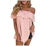 Schulterfrei Oberteil Damen Rüsche Bluse Shirt Sexy Carmen T-Shirts Sommer Kurzarm Blusentops Lockere Longshirt Oversize Top(Rosa,S)