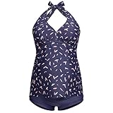 Herzmutter Umstands-Tankini-Neckholder - Schwangerschafts-Bademode - Zweiteiler-Badeanzug für Schwangere - Überbauchhose-Panty - Streifen-Muster-Uni - UV-Schutz 50-7100 (Blau-Federn, L)