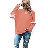 Merlvida Langarm-T-Shirt mit V-Ausschnitt für Damen, Blusen und Hemden für Damen, modisch, gestreift, einfarbig, lockere Pullover, lässige Tunika, elegante Damenbekleidung, Rosa, XX-Larg