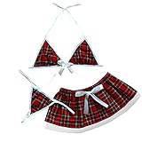 yiouyisheng Damen Sexy Cosplay Uniform Set Mädchen Schulmädchen Karierte Cosplay Kostüm Kleid Dessous Outfit BH Minirock Höschen Set Große Größe M-5XL