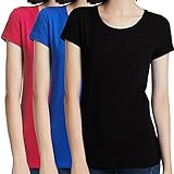 KELOYI Tshirt Damen 3er Pack Basic Rundhals Schlank Kurzarm Blusenshirt Hemd Blickdicht,Schwarz Blau Rosarot,XL