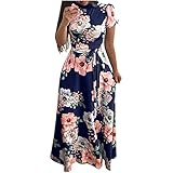 eiuEQIU Freizeitkleider Damen Kleider Blumendruck Kleid Sommerkleider Casual Tunika Maxikleid Strandkleid Böhmisch Kleid Lässiges Kleider mit Rollkragen und und kurzen Ärmeln Strandk
