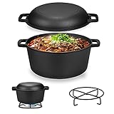 Velaze Gusseisen Topf mit Deckel, Dutch Oven, Eingebrannter Schmortopf mit Untersetzer, Feuertopf Doppelfunktion Deckel & Bratpfanne für Braten, Kochen, Camping, Garten, Gusstopf-4.5L+1.4L