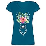 Kompatibel mit Oktoberfest Damen Trachtenshirt - Hirsch mit Blumengeweih - weiß - M - Türkis - t-Shirt Tracht - XO1525 - Damen T-Shirt mit V