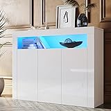 SONNI Sideboard Kommode Weiss Hochglanz mit LED(12 Farben können eingestellt Werden) 3 Türen Schrank Komodenschrank Sideboard für Küche Esszimmer Wohnzimmer B116xH93xT35