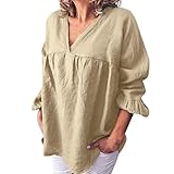 JYSDZSE Top aus Baumwolle und Leinen für Damen, Sommermode, V-Ausschnitt, gerüscht, halblange Ärmel, einfarbig, Urlaub, lässig, locker, Strand, XL|Beige, Einheitsgröß