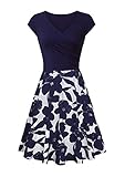 Yming Damen Casual Midikleid Vintage Kurzarm Kleid Blumen Flügelärmel Kleid Blumen/Marineblau S