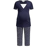 Herzmutter Stillpyjama-Umstandspyjama - Kurz-Kurzarm - Schlafanzug mit Anker-Punkte-Muster - Krankenhaus-Wochenbett Pyjama-Set - Schwangerschaft-Stillzeit-Stillfunktion - 2900 (L, Blau/Anker)