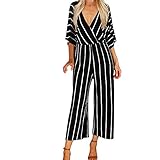 TIMEMEAN Jumpsuit Damen Grosse Grössen Bettwäsche Aus Baumwolle V-Ausschnitt Kurzarm Gestreift Übergröße Loser Gürtel Overalls Elegant (XXL(42 EU), 01 Schwarz)