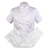 Chinesische Herrenanzüge in Übergröße, 4XL, kurze Ärmel, lange Hose, Drachen-Kung-Fu-Anzug, Satin-Seide, Weißer Kurzarm, 4X-Larg