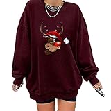 Damen Langarmshirt Oberteile Weihnachtsdruck Drucken Loose Rundhals Damen Langarmshirt Oberteile Kapuzenpullover Sweatshirt(Wein,XXL)