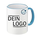 Werbetasse mit Logo | Kaffeetassen mit Logo bedrucken, Tasse mit Logo in kleiner Auflage günstig bestellen, Spülmaschinen- und Mikrowellenfest, 300ml Füllmenge (Hellblau, Panorama)