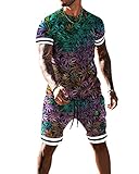 URVIP Herren Blumen Blatt 3D Gedrukt Sportanzug Jogginganzug Trainingsanzug Fußbal Sportbekleidung 2-Teiliges Sommer Shortanzug T-Shirts + Kurze Hose Sets Fitness Gym Running Multi-10 5XL