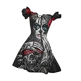 GOKOMO Damen Trägerlos Sexy Kleid Gothic Kleid Plissee Ärmel Horrordruck Drucken Schwarz Sexy Kleid Slim Fit Kurzarm Minikleid Spitze Abendkleid Partykleid Dating Kleid(XXL,Rot)