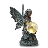 TERESA'S COLLECTIONS Kniende Elfe Gartenfiguren Solar Glaskugeln Beleuchtung 33cm ElfenEngel Garten Figur Feen Statue aus Polystein Bronze Solarfiguren Gartendekoration Fee Fairy Figur für Auß