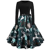 SSLLM Damen Weihnachten Kleider O-Ausschnitt Langarm Party Kleid Cocktailkleid Weihnachten Drucken A-Linie Petticoat Festkleider Elegant Vintage Weihnachtskleid Karneval und Bow B