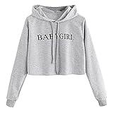 Bauchfreie Hoodies Teenager Mädchen Bauchfreier Pullover Damen Kapuzenpullover Rundhals Briefdruck Verstellbarem Hem Sexy Sweatshirt mit Kapuze Langarm Pulli Casual Langarmshirt Oberteile S