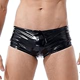 MSemis Wetlook Herren Boxershorts Glänzend Unterhose Lack Leder Kurze Hose Pants Briefs Männer Lederhose Erotik Dessous Unterwäsche M-XXL W Schwarz XL