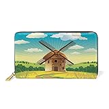 Malen Vintage Windmühle Damen Geldbörse Brieftasche Große Echtes Leder Geldbeutel Kartensteckplätze Organizer für Frauen M