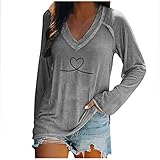 Damen Tunika Tops Herbst Rundhals Langarm Blusen Liebesdruck Casual Lose T-Shirt Lange Ärmel Oberteile Tee Tops Für Frauen Pullover Tops Lose Einfarbig Langarm Shirt Blusen(Grau,XXL)