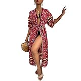 I3CKIZCE Damen Boho Long Cardigans Beach Robe Damen Bohemian Floral Print Bikni Cover Up Damen Elegante Leopard Sarongs Bluse Tops Sommer Hoilday Beachwear S-XL (Rot, XL)