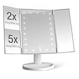 Kosmetikspiegel beleuchtet mit 22 LEDs - Tisch Spiegel aufklappbar mit 2- und 5-fachem Vergrößerungsspiegel - Schminkspiegel 180° schwenkbar - Betrieb mit Batterien oder über USB Kab