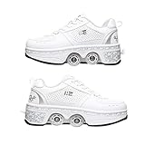 KUXUAN Rollschuhe，Quad Roller Skates Damen Skate Roller，2-in-1- Skate Schuhe Sportschuhe multifunktionale Deformation Schuhe für mädchen unsichtbare Schuhe fersenroller Kinder,White-35EU/UK2