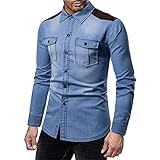 Jeanshemd Herren Slim Fit Einfarbig/Spleißen Revers Langarm Shirt Herren Vintage Mode Wasser Waschen Jeanshemd Herren Frühling Herbst Lassig Hemd H