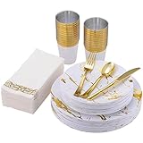 QYHGS 70 stücke Geschirr Marmor Plastik Dinnerplatte Goldener Besteck Löffel Tasse Serviette Set Hochzeit Geburtstag Partei liefert (Color : B)